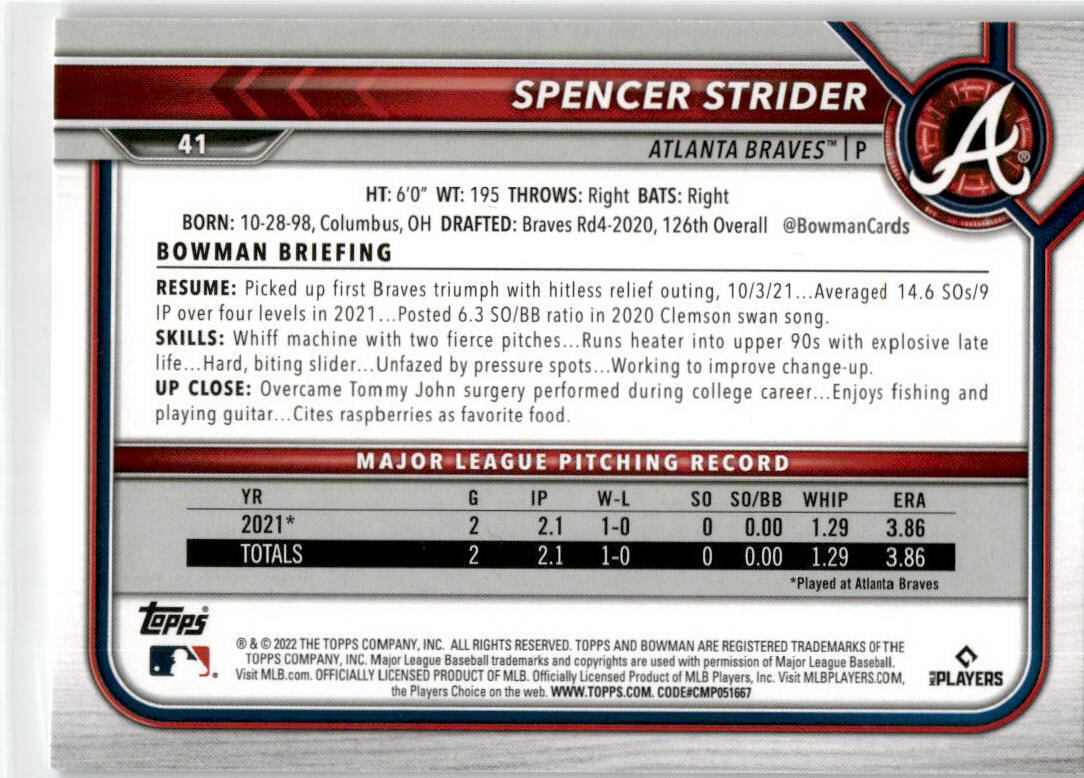 2022 Bowman #41 Spencer Strider Rookie Atlanta Braves