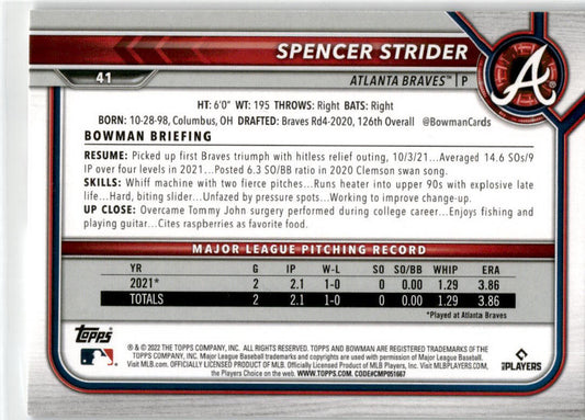 2022 Bowman #41 Spencer Strider Rookie Atlanta Braves