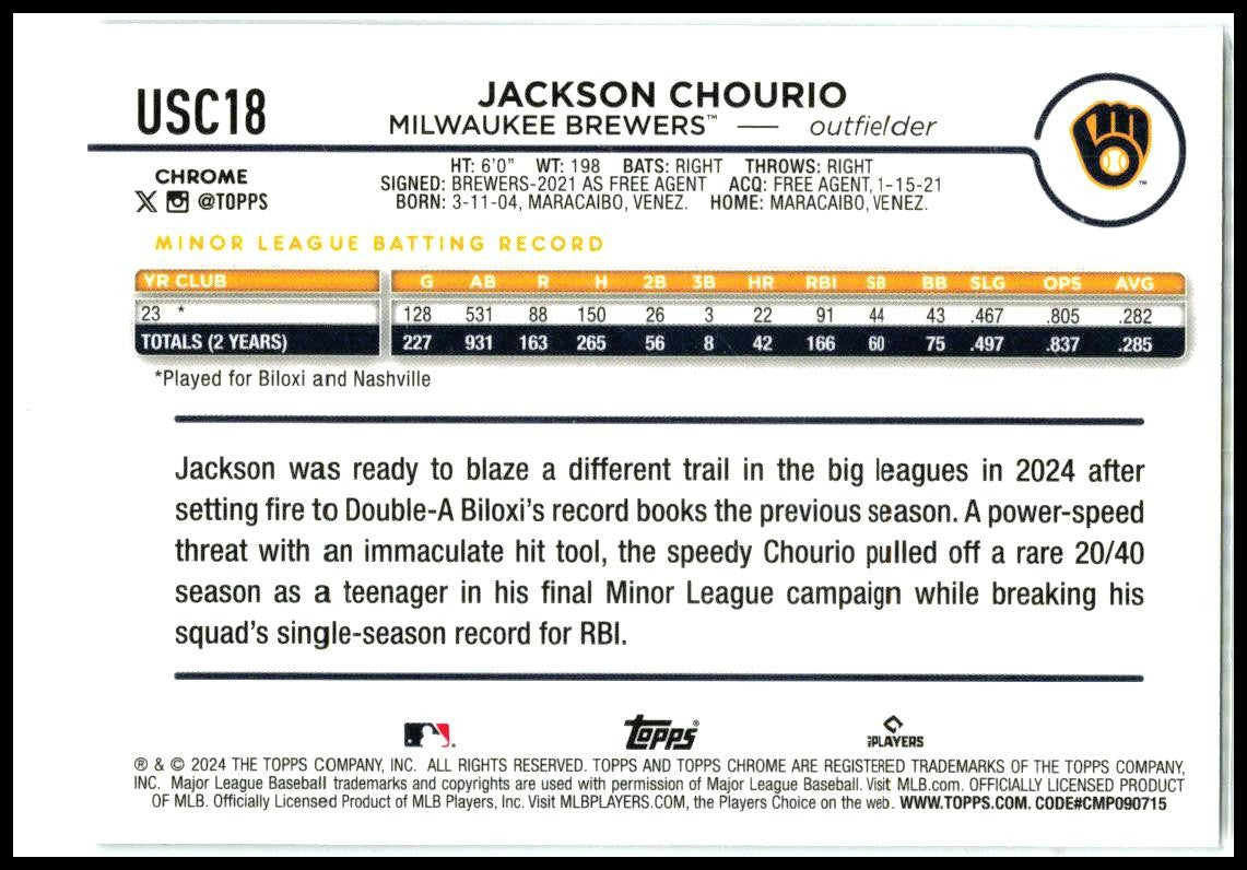 2024 Topps Chrome Update #USC18 Jackson Chourio Milwaukee Brewers
