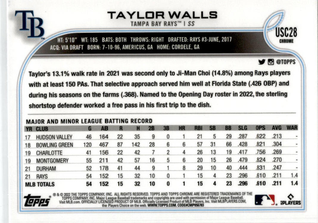 2022 Topps Update Purple #US108 Taylor Walls Tampa Bay Rays
