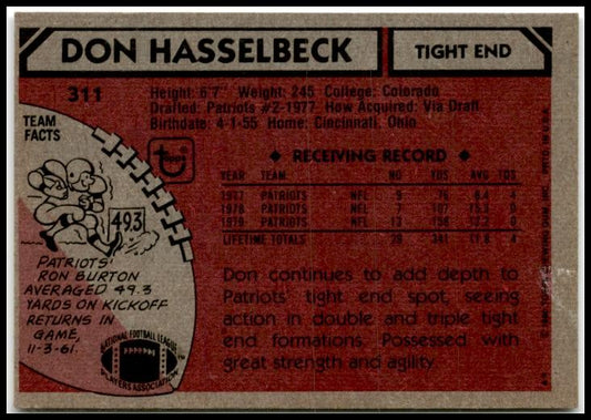1980 Topps #311 Don Hasselbeck Rookie New England Patriots