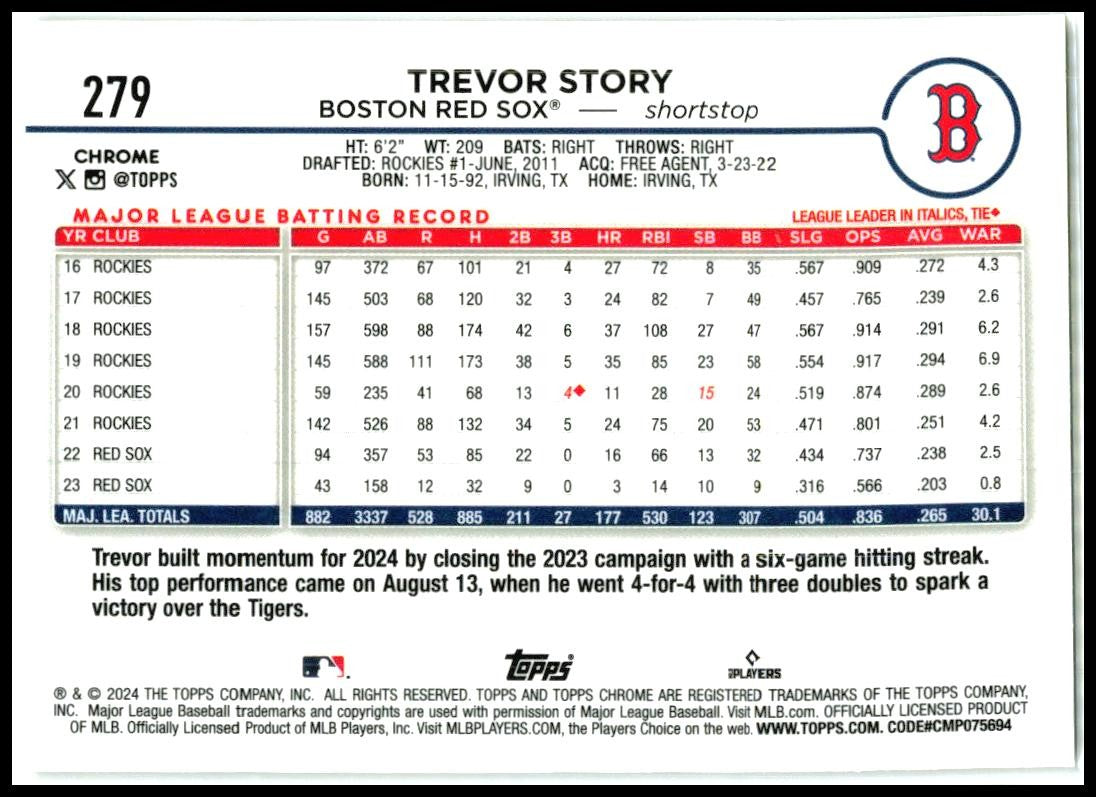 2024 Topps Chrome #279 Trevor Story Gold Wave Refractors #/50