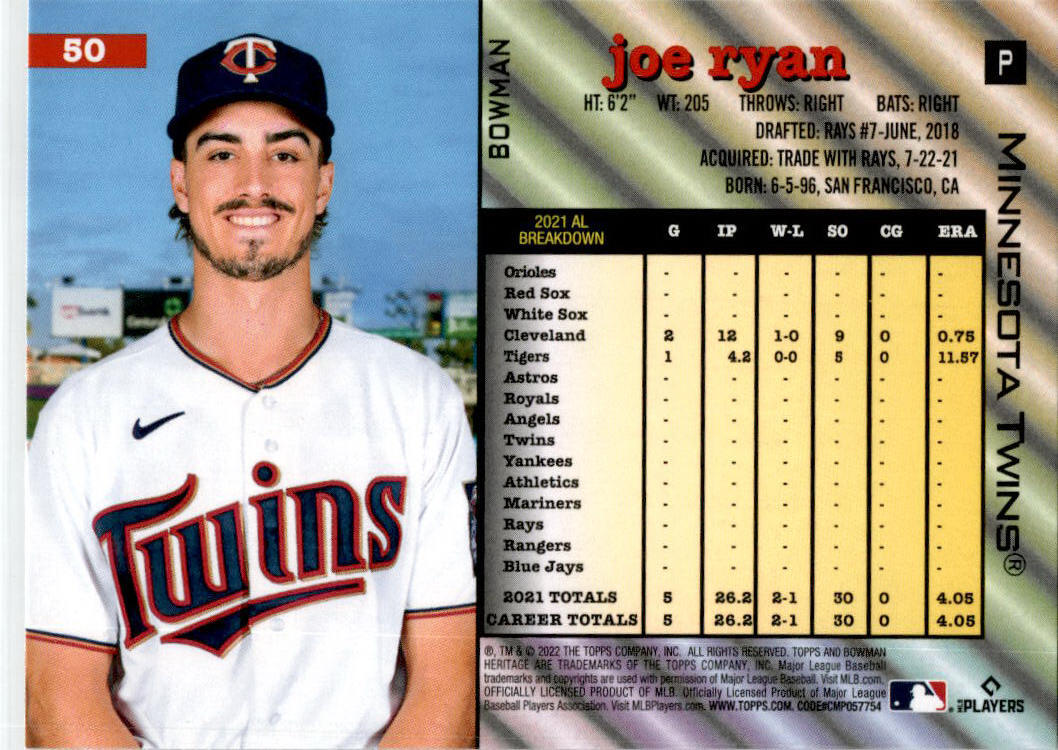 2022 Bowman Heritage #50 Joe Ryan Rookie Minnesota Twins