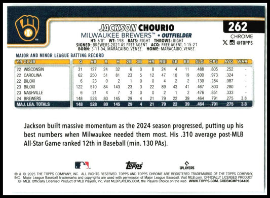 2025 Topps Chrome #262 Jackson Chourio Milwaukee Brewers