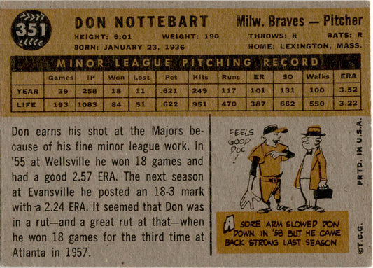 1960 Topps #351 Don Nottebart Rookie Milwaukee Braves