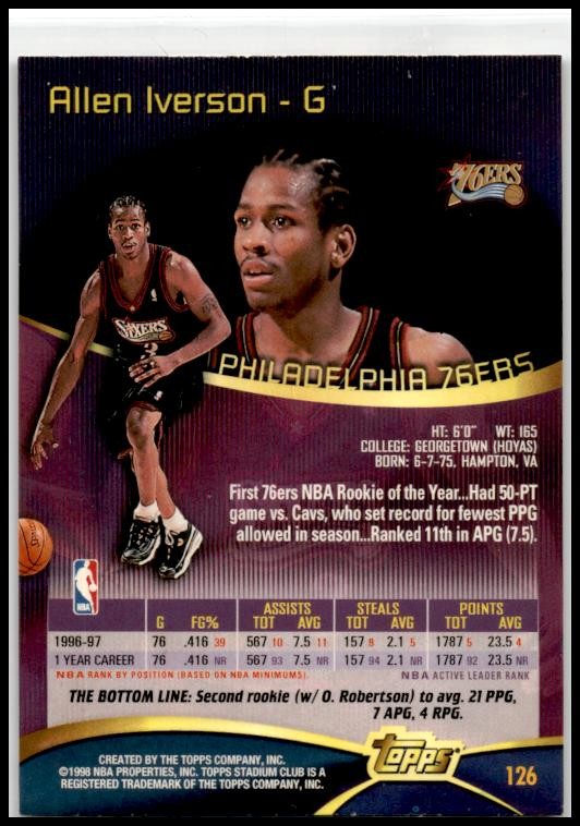 1997-98 Stadium Club #126 Allen Iverson Philadelphia 76ers