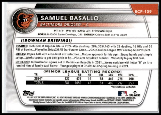 2025 Bowman Blue Raywave #/150 #BCP-109 Samuel Basallo Orioles