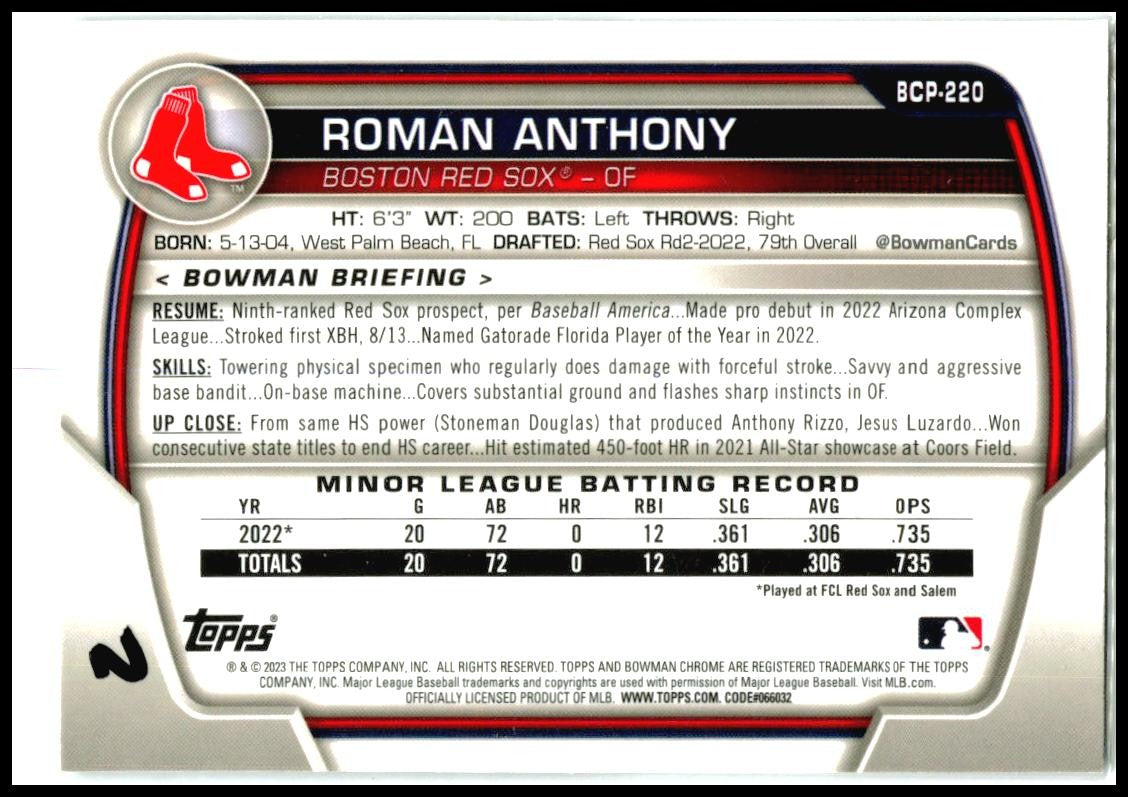 2023 Bowman Chrome Prospects #BCP-220 Roman Anthony Boston Red Sox