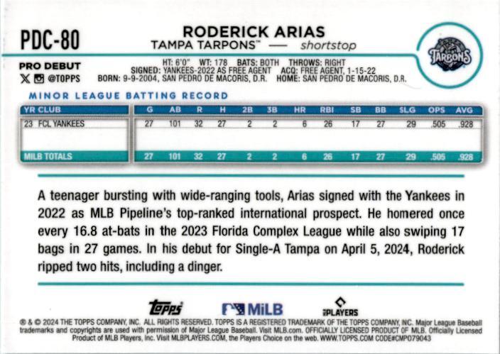 2024 Topps Pro Debut Aqua Foil #PDC-80 Roderick Arias Tampa Tarpons /75