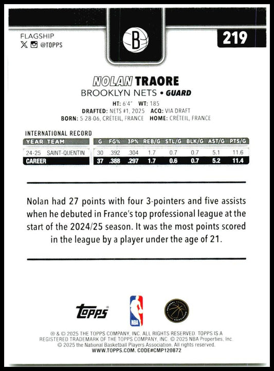 2025-26 Topps #219 Nolan Traore Rookie Brooklyn Nets