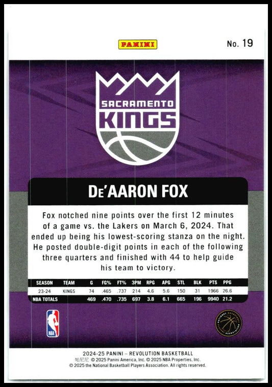 2024-25 Panini Revolution #19 De'Aaron Fox Sacramento Kings