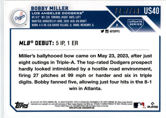 2023 Topps Update Purple Foil #US40 Bobby Miller #/799 Los Angeles Dodgers