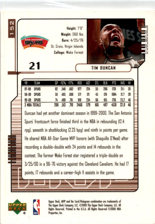2000-01 Upper Deck MVP #152 Tim Duncan San Antonio Spurs