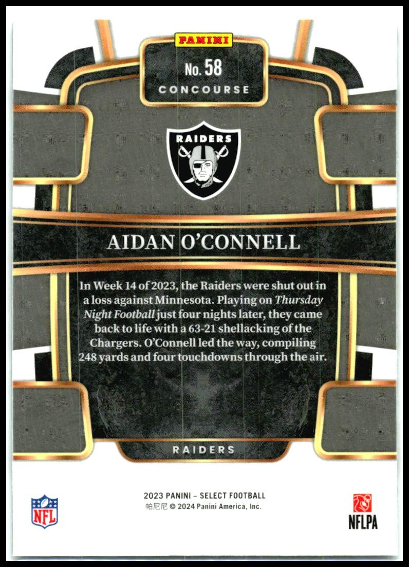 2023 Panini Select #58 Aidan O'Connell Rookie Las Vegas Raiders