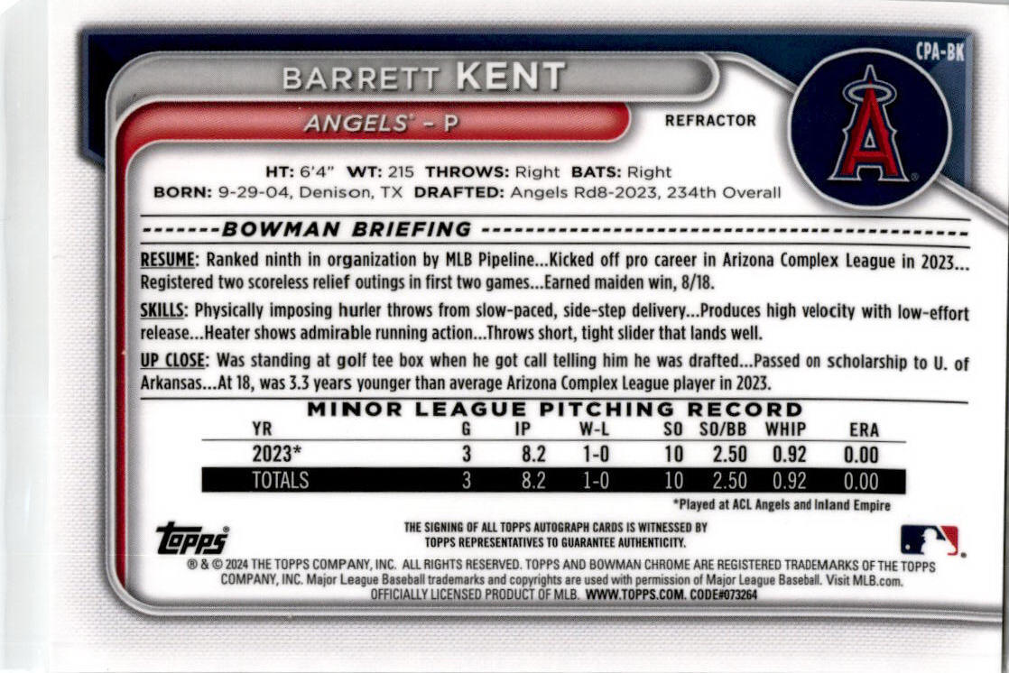 2024 Bowman Chrome Refractor #CPA-BK Barrett Kent Auto Los Angeles Angels /499