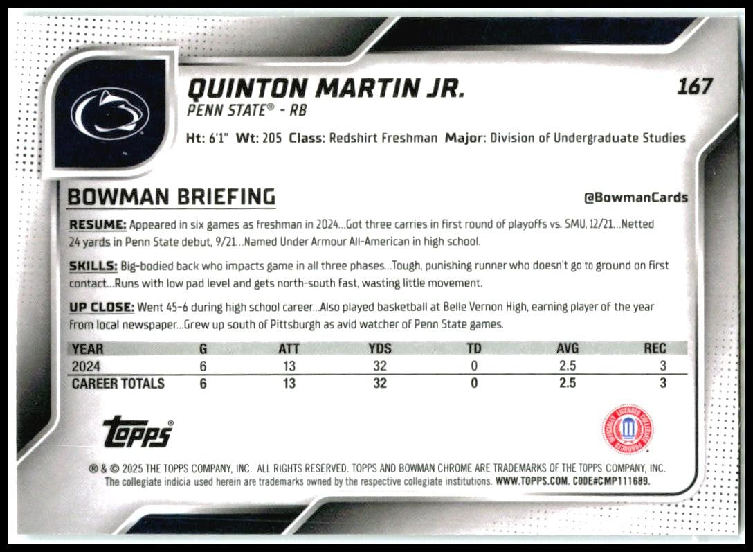 2025 Bowman University Chrome #167 Quinton Martin Jr. Penn State Nittany Lions