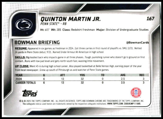 2025 Bowman University Chrome #167 Quinton Martin Jr. Penn State Nittany Lions