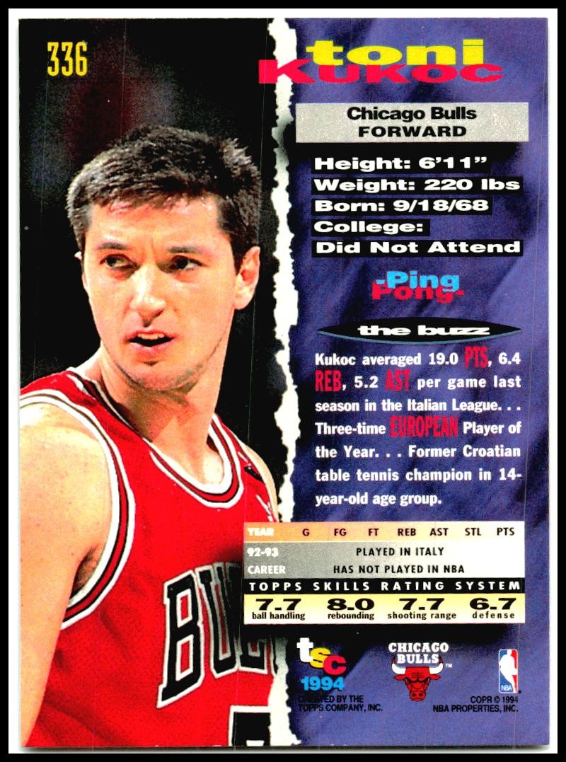 1993-94 Stadium Club #336 Toni Kukoc Rookie Chicago Bulls