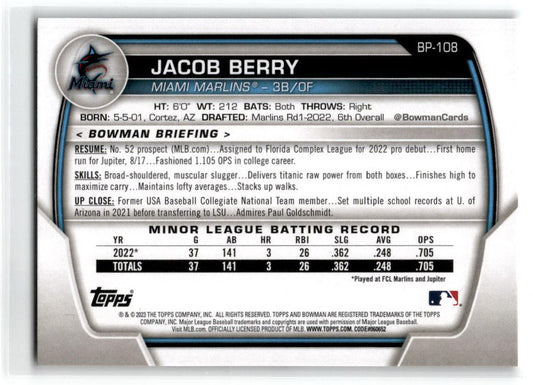 2023 Bowman #BP-108 Jacob Berry Miami Marlins