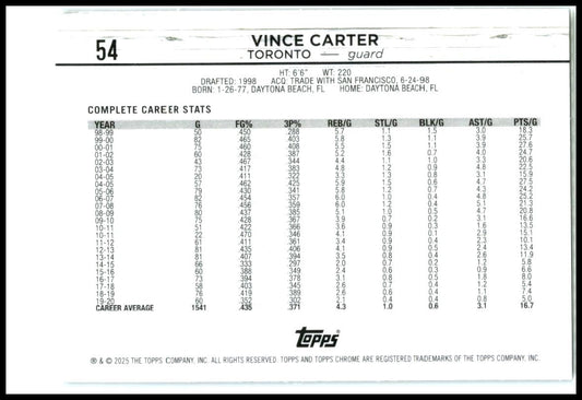 2024-25 Topps Chrome Blue Basketball Refractor #54 Vince Carter Toronto Raptors