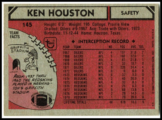 1980 Topps #145 Ken Houston Washington Redskins