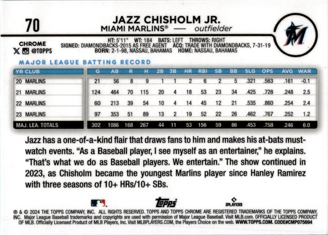 2024 Topps Aqua Raywave #223 Jazz Chisholm Jr. /199 Miami Marlins