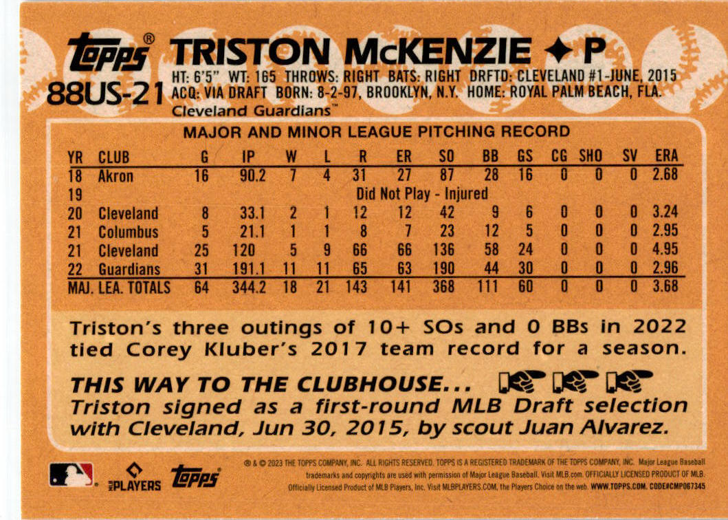 2023 Topps Update 1988 Topps 35th Anniversary Blue #88US-21 Triston McKenzie