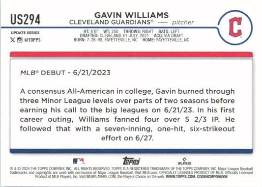 2024 Topps Update #US294 Gavin Williams Cleveland Guardians RC Rookie Debut