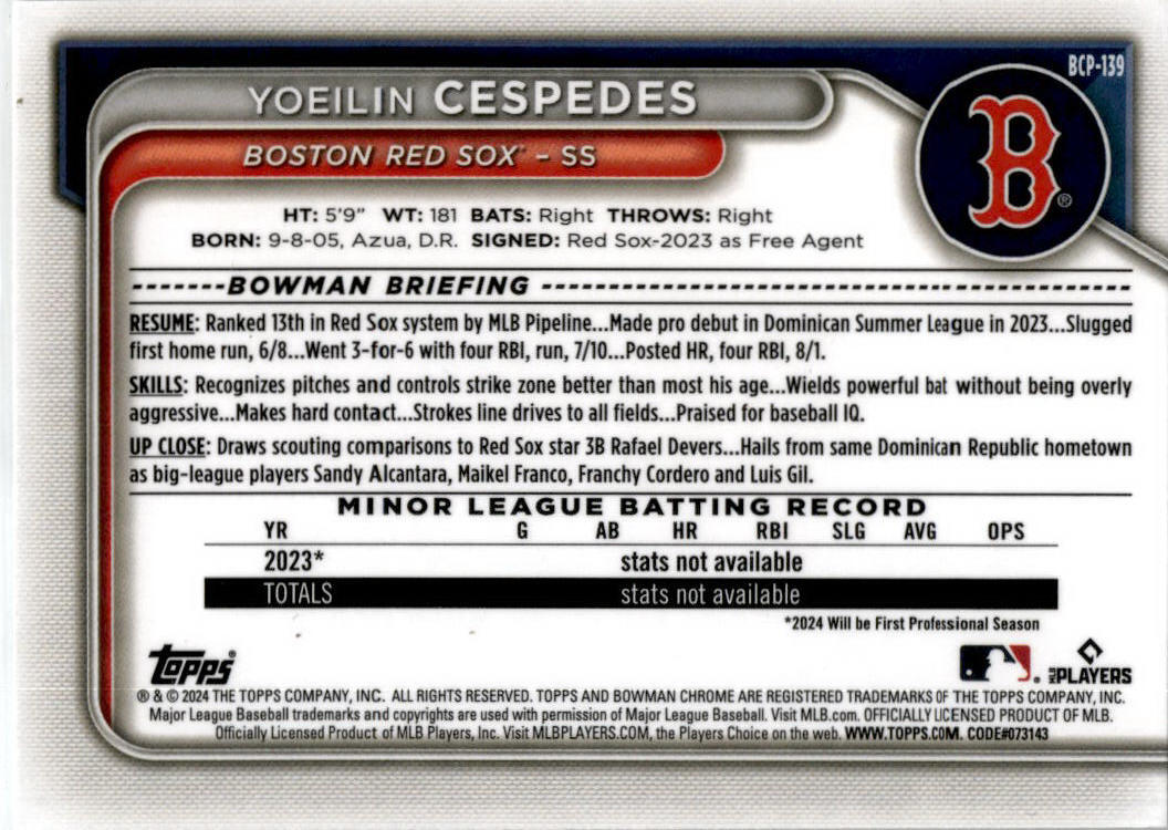 2024 Bowman #BCP-139 Yoeilin Cespedes Boston Red Sox