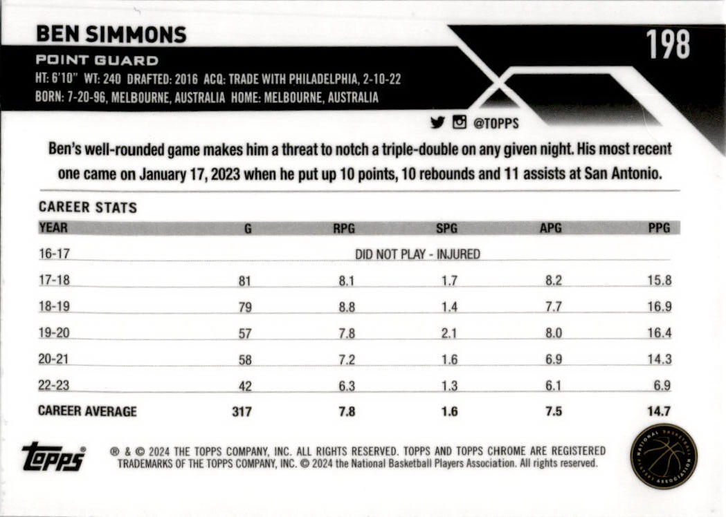 2023-24 Topps Chrome Basketball #198 Ben Simmons Brooklyn Nets