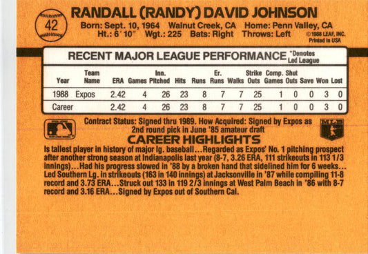 1989 Donruss #42 Randy Johnson Rookie Expos