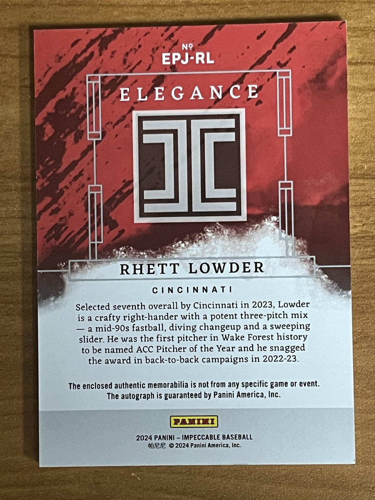2024 Impeccable Elegance Auto Patch #/25 #EPJ-RL Rhett Lowder Reds