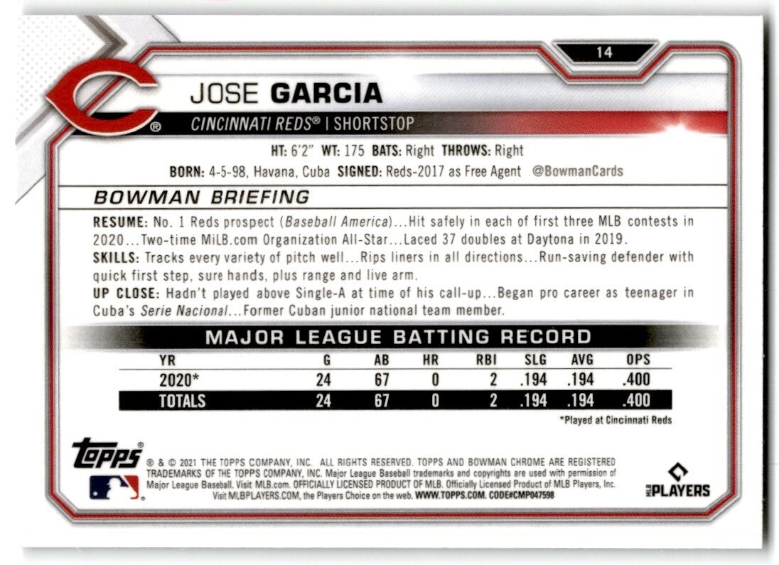 2021 Bowman Chrome Jose Garcia Rookie Cincinnati Reds #14
