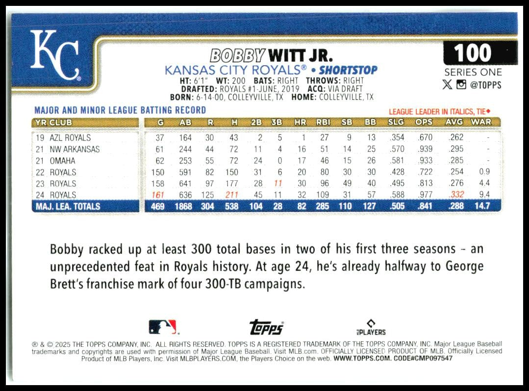 2025 Topps #100 Bobby Witt Jr. Kansas City Royals