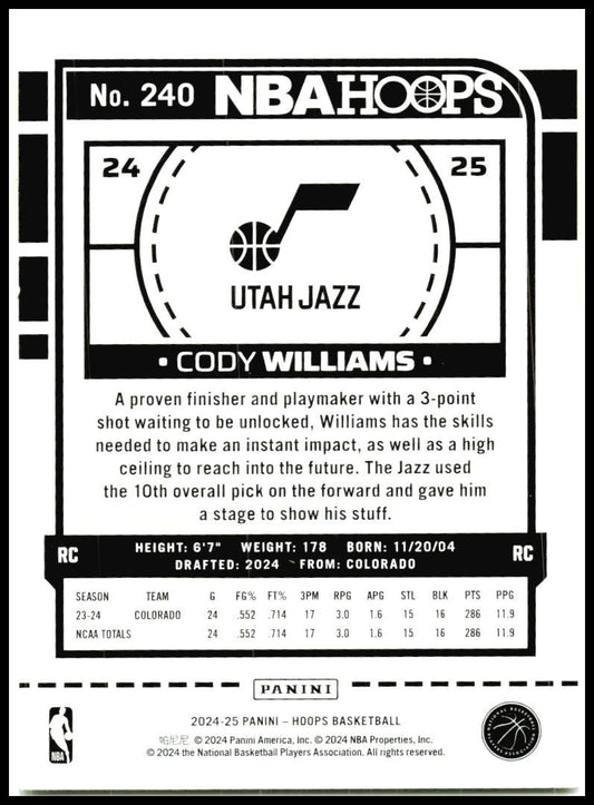 2024-25 Hoops #240 Cody Williams Rookie Utah Jazz