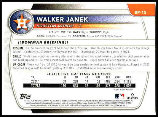 2025 Bowman Prospects #BP-15 Walker Janek Houston Astros