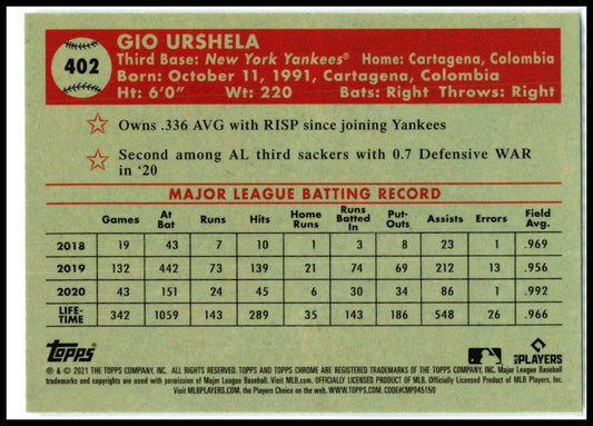 2021 Topps Chrome Platinum Anniversary #402 Gio Urshela New York Yankees