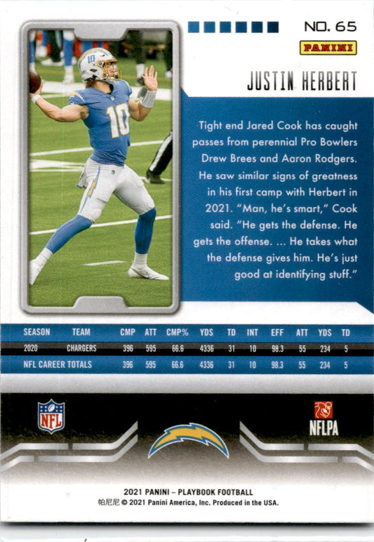2021 Panini Playbook Sparkle #65 Justin Herbert Los Angeles Chargers