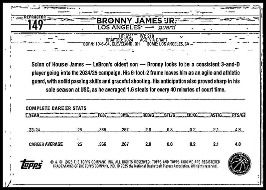2024-25 Topps Chrome Refractor #149 Bronny James JR Lakers