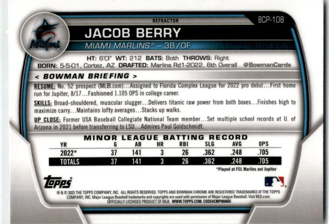 2023 Bowman Chrome Prospects Lunar Glow Refractors #BCP-108 Jacob Berry Marlins