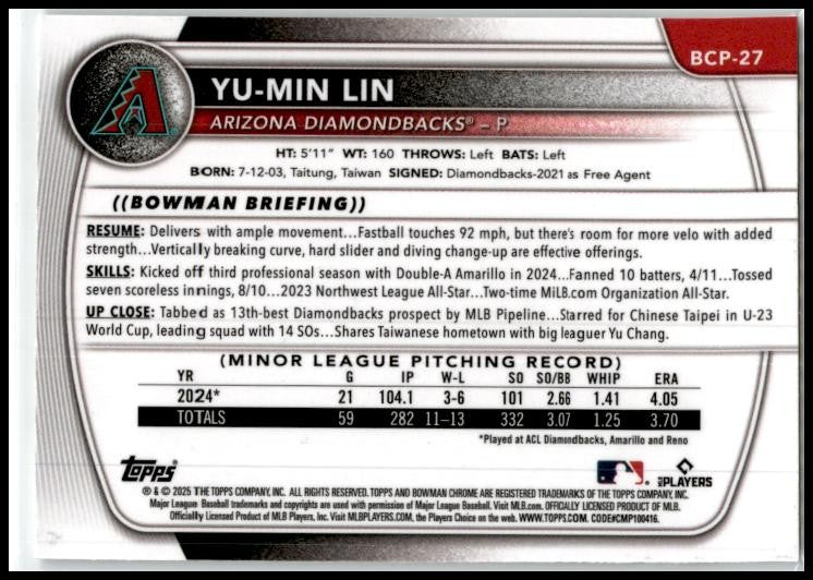 2025 Bowman Chrome Prospects #BCP-27 Yu-Min Lin Arizona Diamondbacks