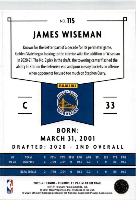 2020-21 Panini Chronicles Panini #115 James Wiseman RC Golden State Warriors