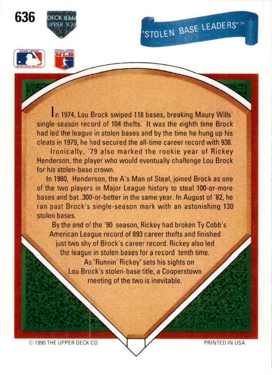 1991 Upper Deck #636a Stolen Base Leaders (Lou Brock / Rickey Henderson)