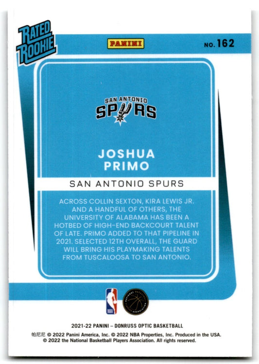 2021-22 Donruss Optic Rated Rookie Joshua Primo Rookie San Antonio Spurs #162