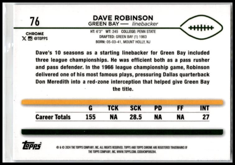 2024 Topps Chrome Blue Sonar Refractor #76 Dave Robinson #/150 Green Bay Packers