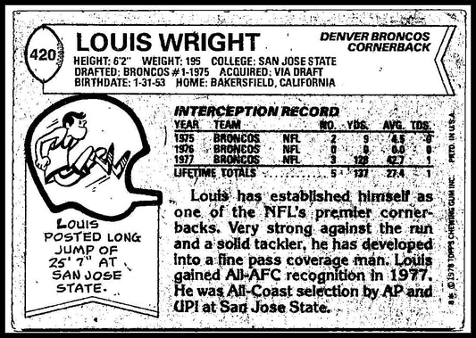 1978 Topps #420 Louis Wright Rookie Denver Broncos