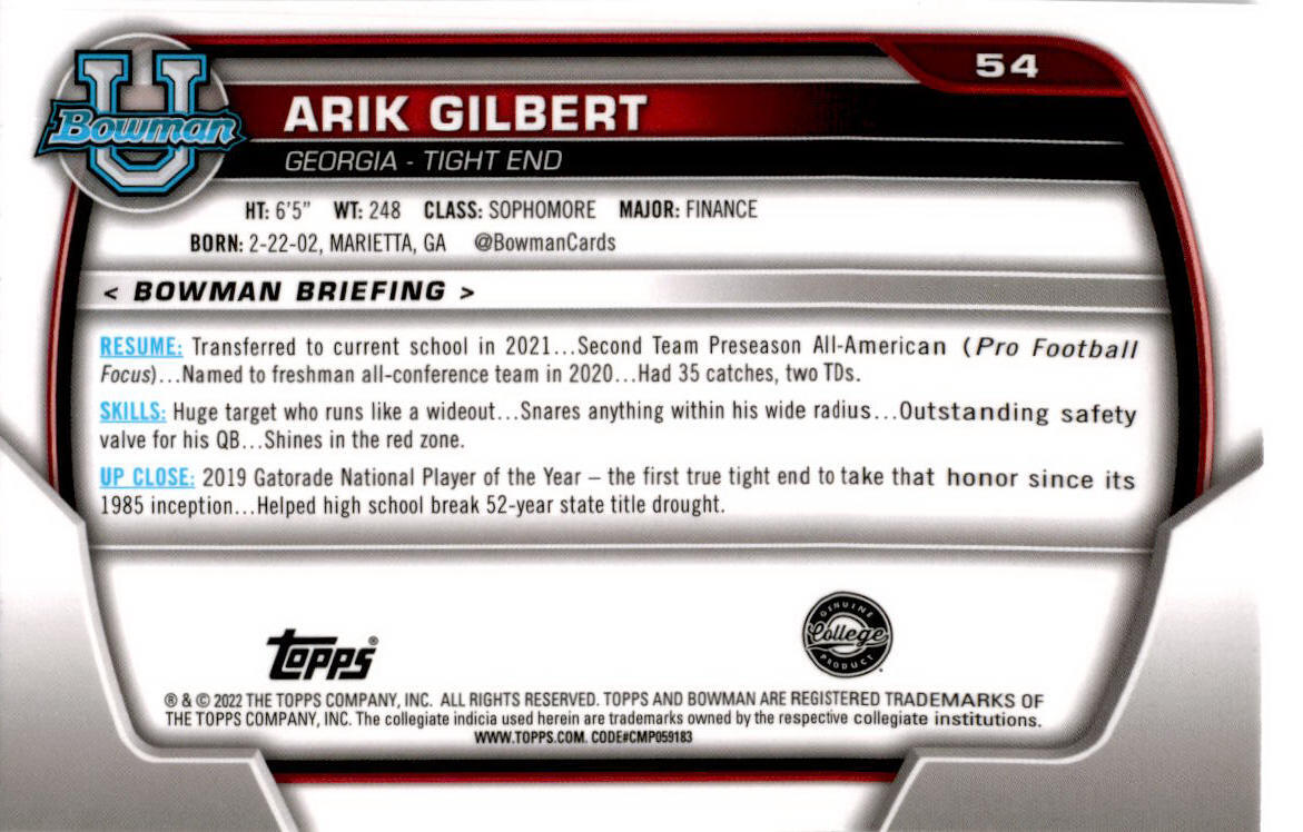 2022 Bowman Chrome University #54 Arik Gilbert Georgia Bulldogs