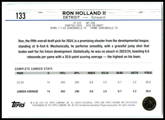 2024-25 Topps Chrome Prism Refractor #133 Ron Holland II Rookie Detroit Pistons