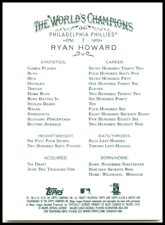 2010 Topps Allen & Ginter #7 Ryan Howard Philadelphia Phillies