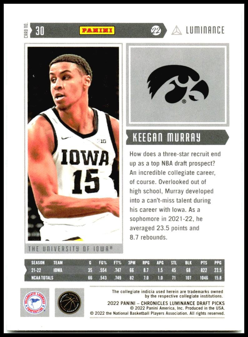 2022 Panini Chronicles Draft Picks Luminance #30 Keegan Murray Iowa Hawkeyes